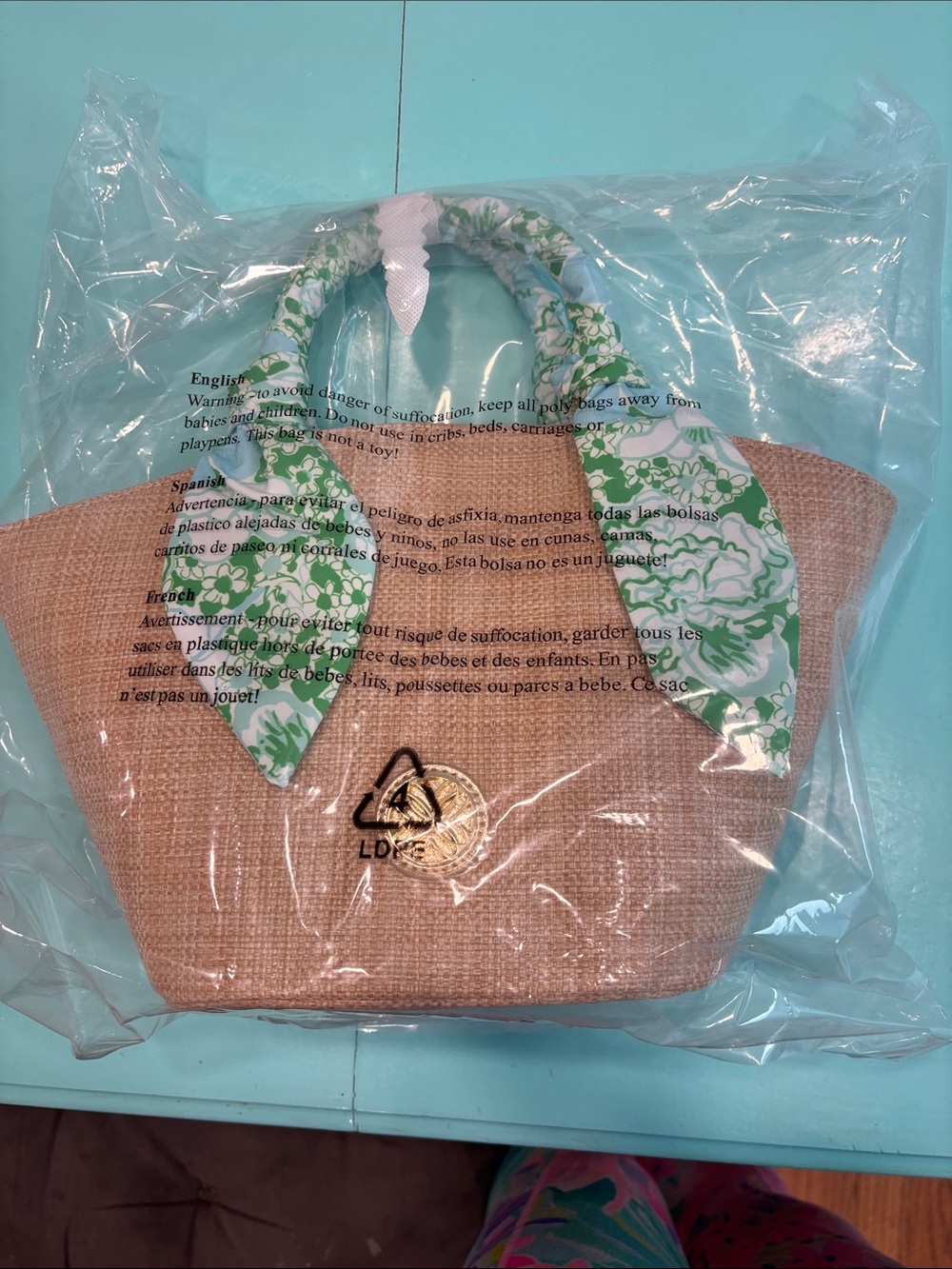 GWP Lilly Pulitzer Natural Straw Tote with Blue-Green Floral Handles - Picture 3 of 3